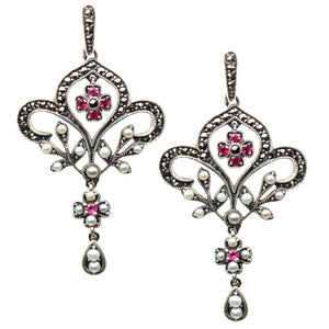 [product type] | Fleur-de-lis Seed Pearl Sterling Silver Pendant Necklace & Chandelier Earrings Set - Dahlia Vintage Collection | Dahlia