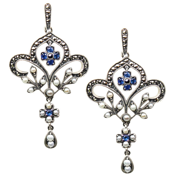 Fleur-de-lis Seed Pearl Sterling Silver Earrings - Dahlia Vintage Collection
