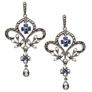 [product type] | Fleur-de-lis Seed Pearl Sterling Silver Pendant Necklace & Chandelier Earrings Set - Dahlia Vintage Collection | Dahlia