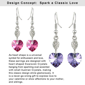 Sparkling Oval Dangle Heart Shaped Swarovski Crystal Elements Drop Earrings Rhodium Plated  | Dahlia