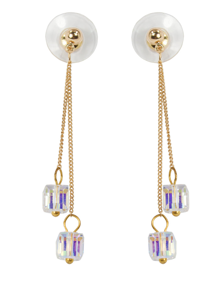 Aurora Borealis Twin Cube Dangle Earrings w/ Swarovski Crystals | Rhodium Plated| Dahlia