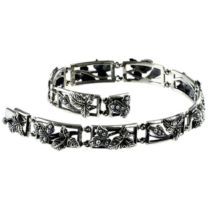 Dahlia Vintage Collection Seed Pearl Leaf Sterling Silver Bracelet, 7"