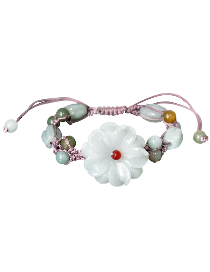 Daisy Jade Bracelet | Certified Genuine Grade A Jadeite Jade Bracelet with Pink Cord| Dahlia