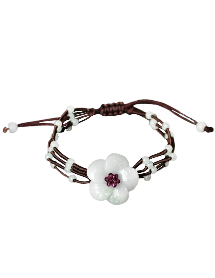 Flower Jade Bracelet | Certified Genuine Grade A Jadeite Jade Bracelet with Green Cord | Dahlia