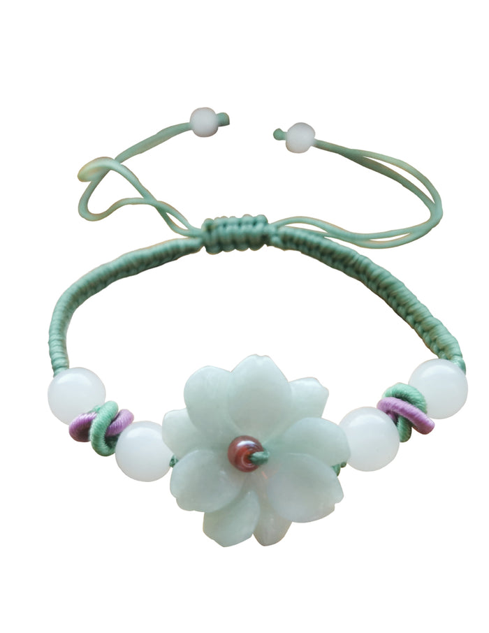 Flower Jade Bracelet  | Certified Genuine Grade A Jadeite Jade Bracelet with Green Cord | Dahlia