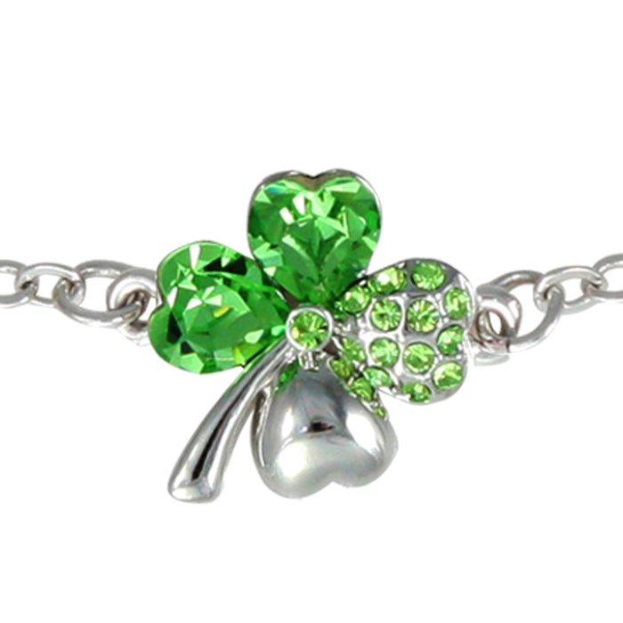 Four Leaf Clover Heart Shaped Chain Bracelet w/ Swarovski Crystals  | Rhodium Plated | Dahlia