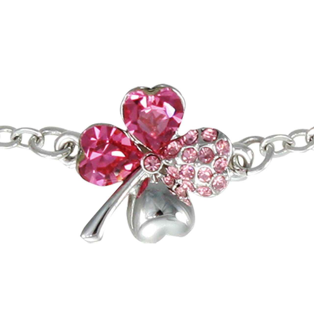 Four Leaf Clover Heart Shaped Chain Bracelet w/ Swarovski Crystals Rhodium Plated Dahlia