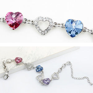 Colorful Heart Swarovski Crystal Elements Bracelet Rhodium Plated  - Purple, Pink, Blue | Dahlia