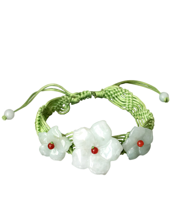 Orion's Belt Flower Jade Bracelet | Certified Genuine Grade A Jadeite Jade Bracelet with Woven Cord | Dahlia