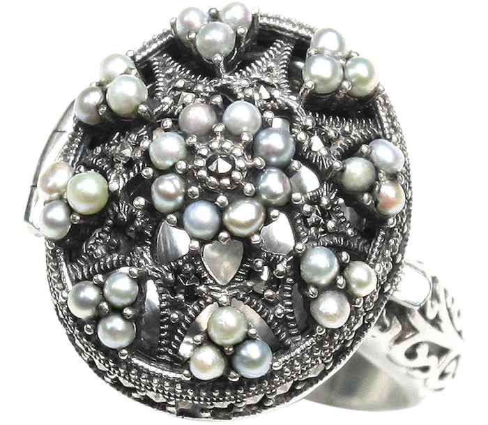 Poison Locket Seed Pearl Sterling Silver Ring - Dahlia Vintage Collection