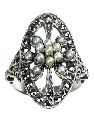 [product type] | Oval Shield Seed Pearl Sterling Silver Ring - Dahlia Vintage Collection | Dahlia