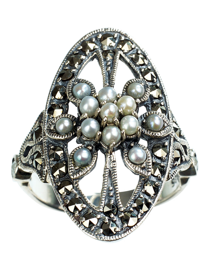 Oval Shield Seed Pearl Sterling Silver Ring - Dahlia Vintage Collection