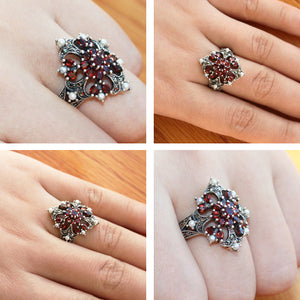 [product type] | Garnet Fire Burst Seed Pearl Sterling Silver Ring - Dahlia Vintage Collection | Dahlia