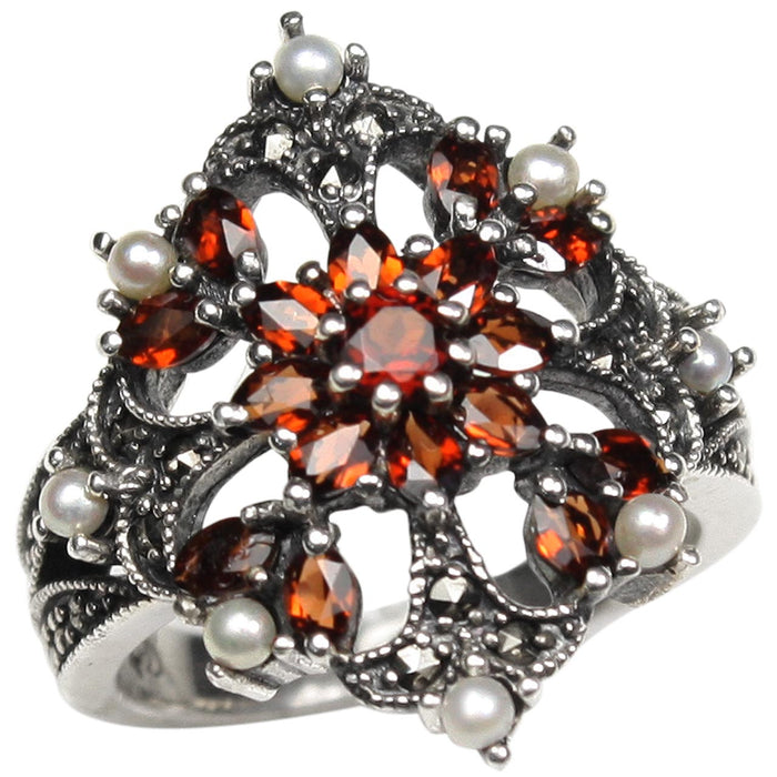 Garnet Fire Burst Seed Pearl Sterling Silver Ring - Dahlia Vintage Collection