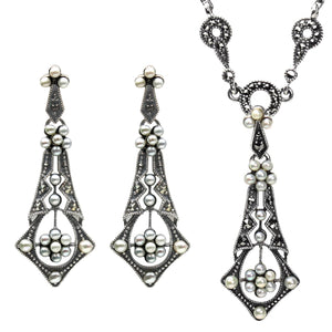 Tear Drop Seed Pearl Sterling Silver Necklace & Earrings Set - Dahlia Vintage Collection