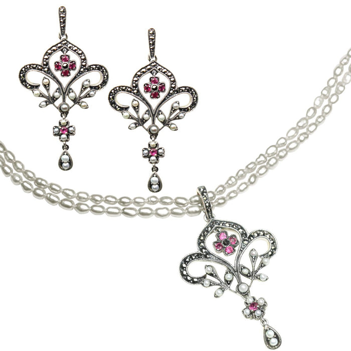 Fleur-de-lis Seed Pearl Sterling Silver Pendant Necklace & Chandelier Earrings Set - Dahlia Vintage Collection