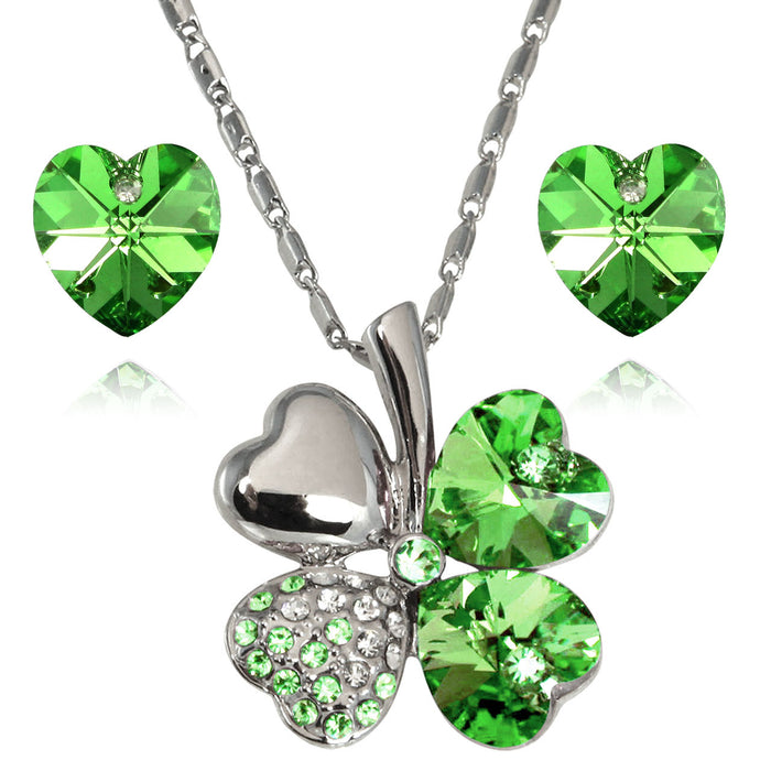 Lucky Love Four Leaf Clover Pendant Necklace and Earrings Set w/ Swarovski Crystals | Rhodium Plated | Dahlia