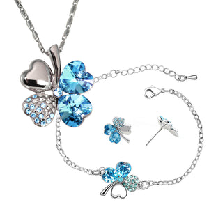 Four Leaf Clover Swarovski Crystal Elements Pendant Necklace, Earrings and Bracelet Set Rhodium Plated  | Dahlia
