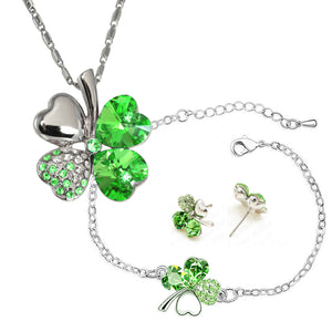 Four Leaf Clover Swarovski Crystal Elements Pendant Necklace, Earrings and Bracelet Set Rhodium Plated  | Dahlia