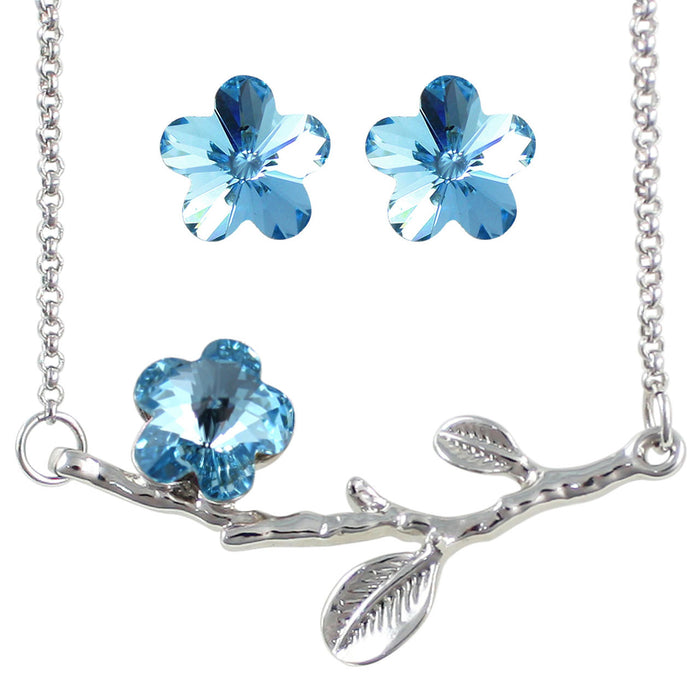 Cherry Blossom Necklace and Earrings Set w/ Swarovski Crystals - Blue | Rhodium Plated | Dahlia
