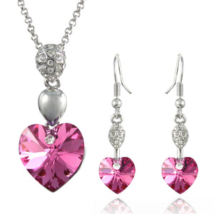 Sparkling Oval Dangle Heart Swarovski Crystal Elements Pendant Necklace and Earrings Set Rhodium Plated  | Dahlia