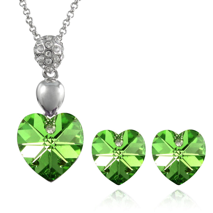 Heart Pendant Necklace and Stud Earrings Set w/ Swarovski Crystals  | Rhodium Plated | Dahlia