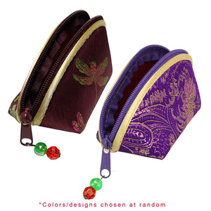 [product type] | Silky Embroidered Oriental Fan Zipper Jewelry Coin Pouch (Set of 10) | Dahlia