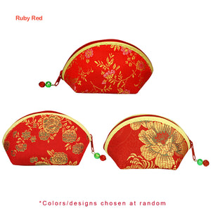 [product type] | Silky Embroidered Oriental Fan Zipper Jewelry Coin Pouch (Set of 10) | Dahlia