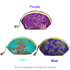 [product type] | Silky Embroidered Oriental Fan Zipper Jewelry Coin Pouch (Set of 10) | Dahlia