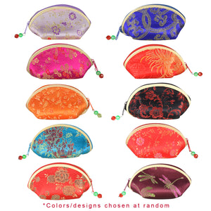 [product type] | Silky Embroidered Oriental Fan Zipper Jewelry Coin Pouch (Set of 10) | Dahlia