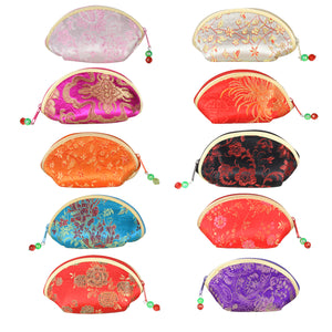 [product type] | Silky Embroidered Oriental Fan Zipper Jewelry Coin Pouch (Set of 10) | Dahlia