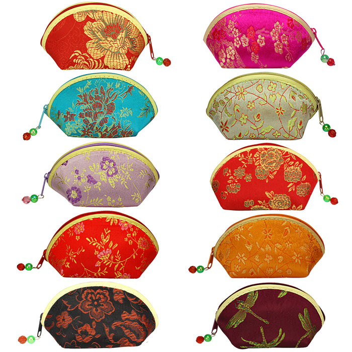 Silky Embroidered Oriental Fan Zipper Jewelry Coin Pouch (Set of 10)