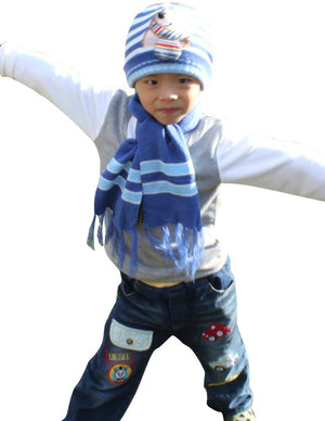 Boy's Embroidered Cartoon Bear Stripes Hat Cap Scarf Set