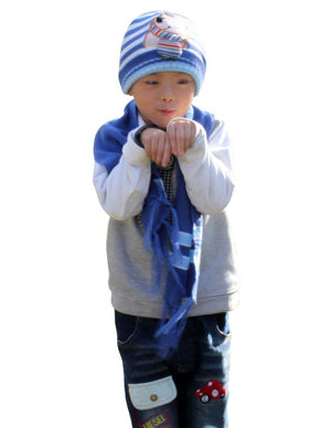 Boy's Embroidered Cartoon Bear Stripes Hat Cap Scarf Set