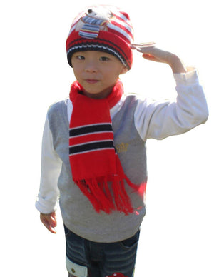 Boy's Embroidered Cartoon Bear Stripes Hat Cap Scarf Set