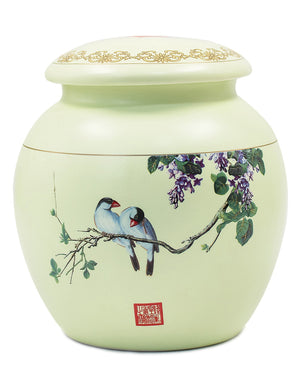 [product type] | Dahlia Perching Birds Airtight Porcelain Tea Canister | Dahlia