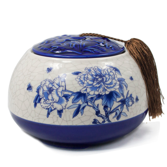 Dahlia Vintage Peony Blue and White Embossed Porcelain Tea Canister with Tassel