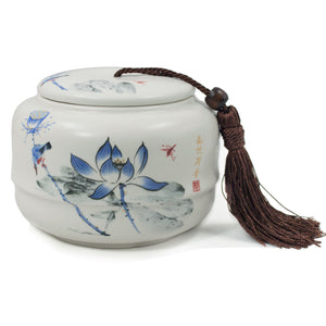 [product type] | Dahlia Lotus Blue and White Porcelain Tea Canister with Tassel | Dahlia