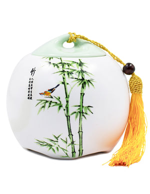 [product type] | Dahlia Vintage Bamboo Matte Finish Porcelain Tea Canister with Tassel | Dahlia