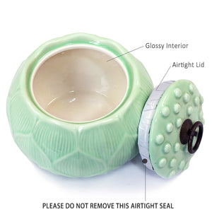 [product type] | Dahlia Lotus Shaped Glazed Celadon Handcrafted Porcelain Tea Canister | Dahlia