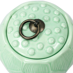 [product type] | Dahlia Lotus Shaped Glazed Celadon Handcrafted Porcelain Tea Canister | Dahlia