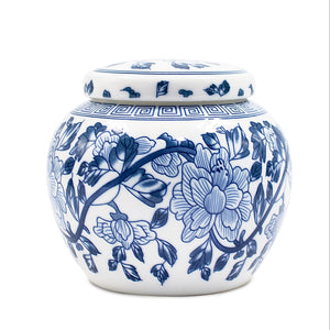 [product type] | Dahlia Vintage Floral Blue and White Embossed Porcelain Tea Canister | Dahlia