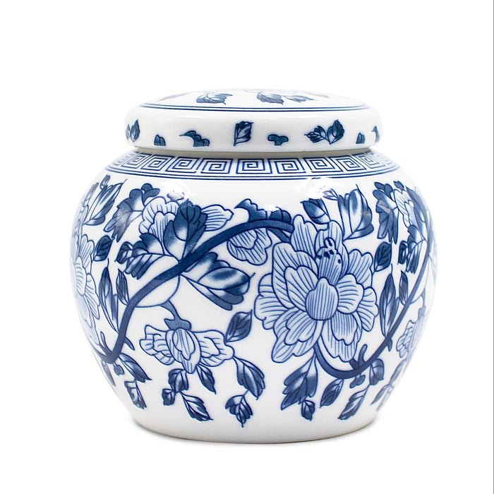 Dahlia Vintage Floral Blue and White Embossed Porcelain Tea Canister