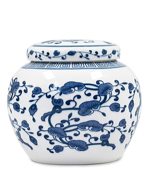 [product type] | Dahlia Vintage Floral Blue and White Embossed Porcelain Tea Canister | Dahlia