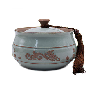 [product type] | Dahlia Embossed Dragon Crack Celadon Porcelain Loose Tea Canister | Dahlia