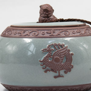 [product type] | Dahlia Embossed Dragon Crack Celadon Porcelain Loose Tea Canister | Dahlia