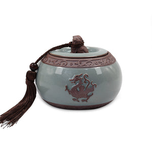 [product type] | Dahlia Embossed Dragon Crack Celadon Porcelain Loose Tea Canister | Dahlia