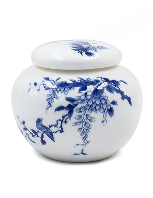 [product type] | Dahlia Wisteria Flowers Blue and White Porcelain Loose Tea Canister | Dahlia