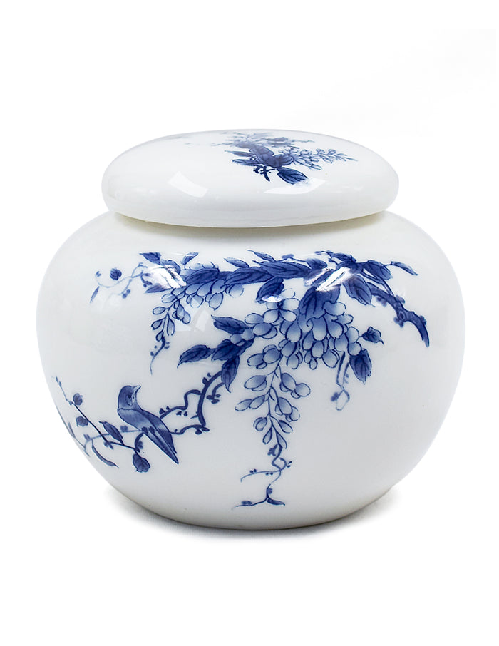 Dahlia Wisteria Flowers Blue and White Porcelain Loose Tea Canister