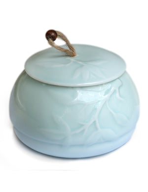 [product type] | Dahlia Embossed Vine High Grade Celadon Porcelain Loose Tea Canister | Dahlia